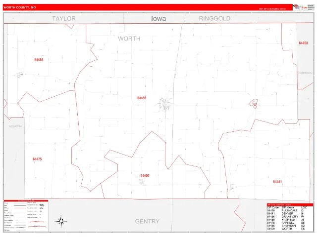 Worth County, MO ZIP Code Wall Map, RedLine style