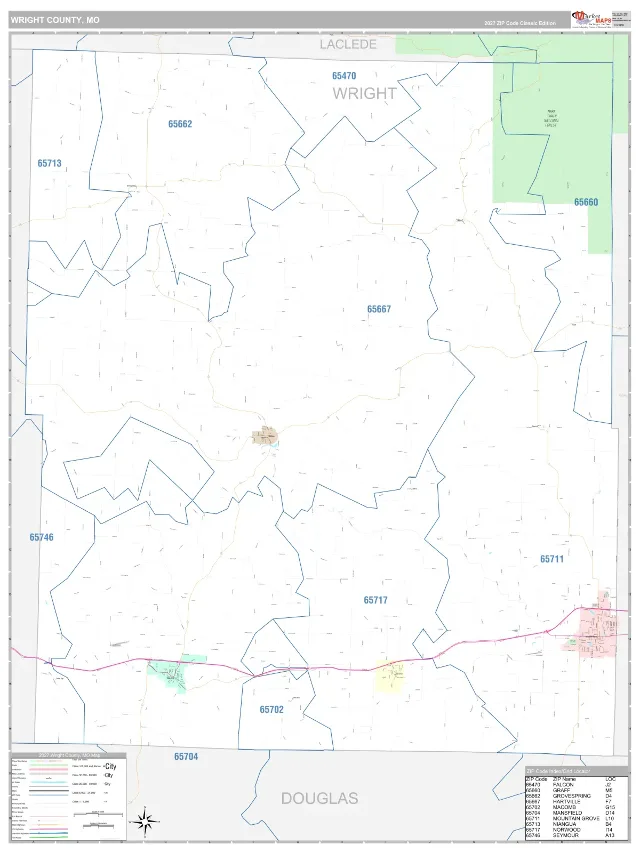 Wright County, MO ZIP Code Wall Map, Classic style