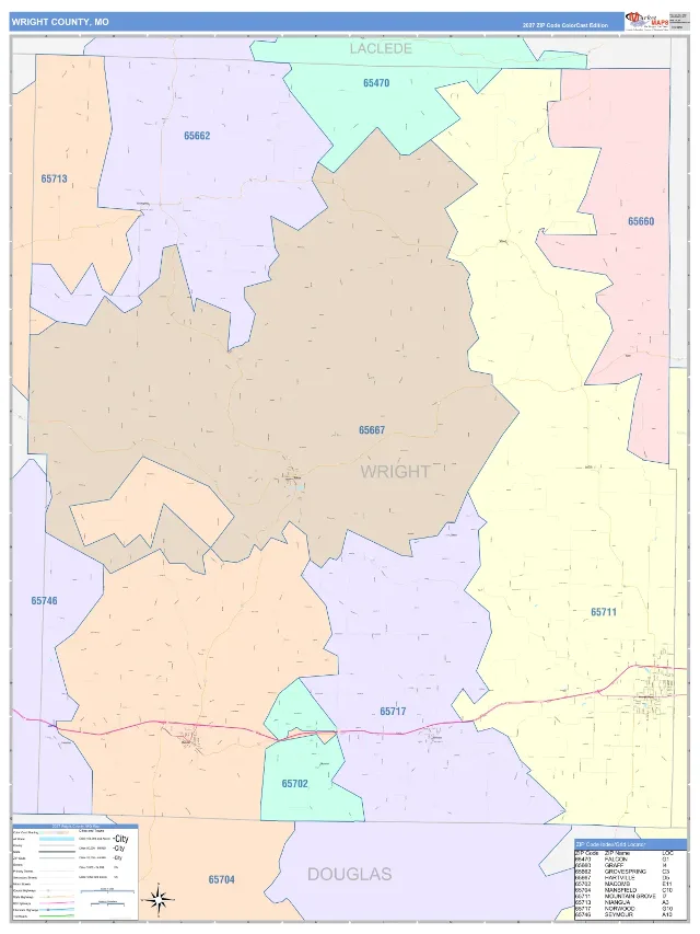 Wright County, MO ZIP Code Wall Map, ColorCast style
