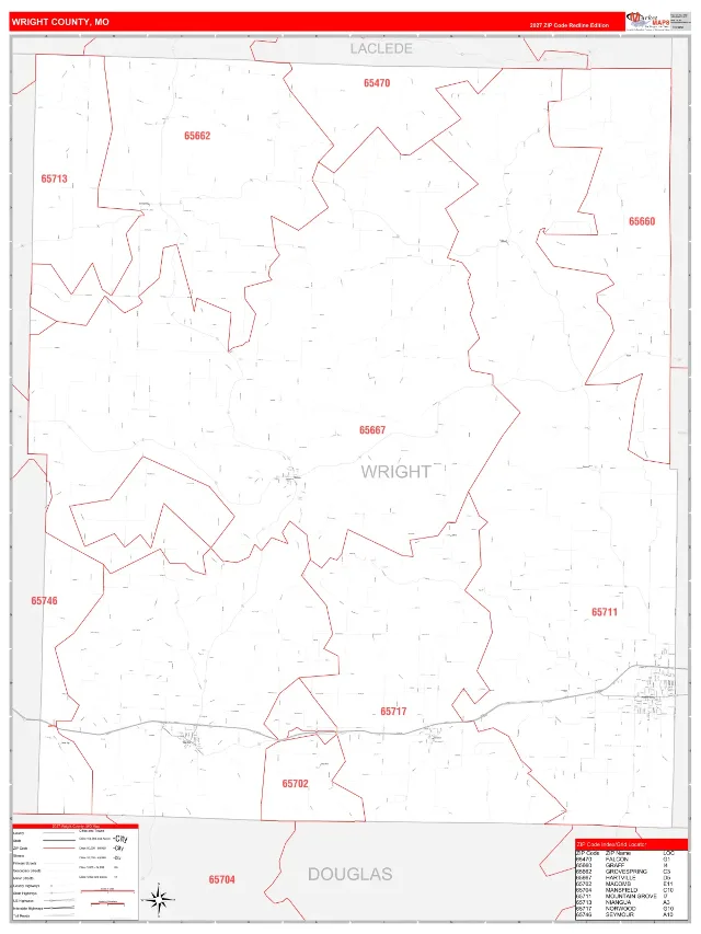 Wright County, MO ZIP Code Wall Map, RedLine style