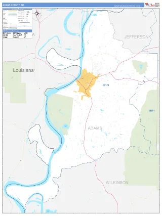 Adams County, MS Business Reference style ZIP Code wall map