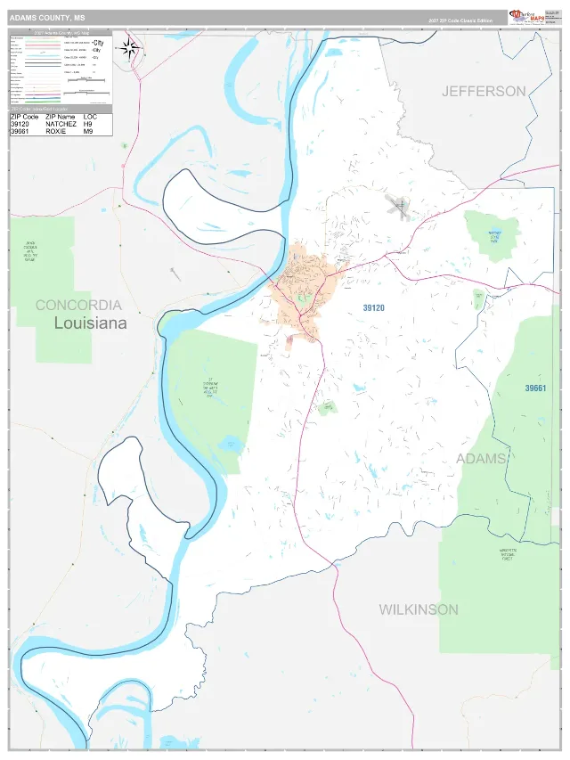 Adams County, MS ZIP Code Wall Map, Classic style