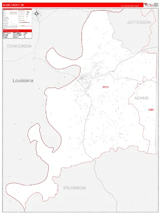 Adams County, MS RedLine style ZIP Code wall map