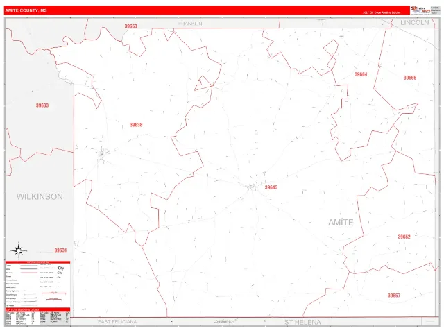 Amite County, MS ZIP Code Wall Map, RedLine style