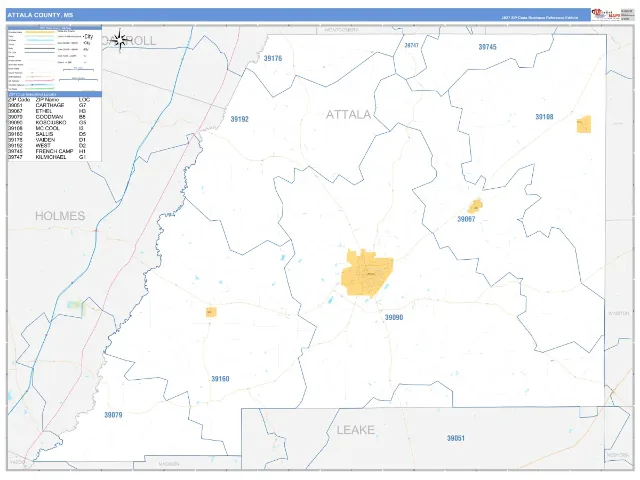 Attala County, MS ZIP Code Wall Map, Business Reference style
