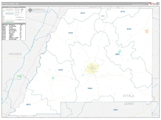 Attala County, MS ZIP Code Wall Map, Classic style