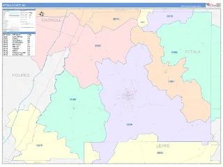 Attala County, MS ColorCast style ZIP Code wall map