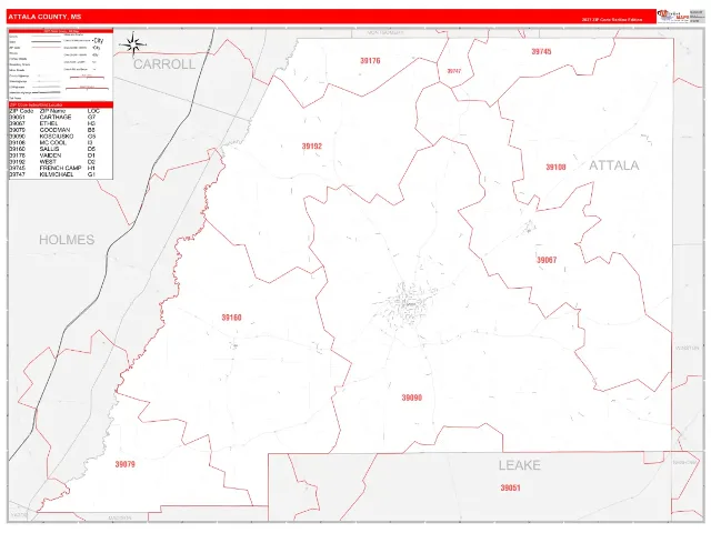Attala County, MS ZIP Code Wall Map, RedLine style