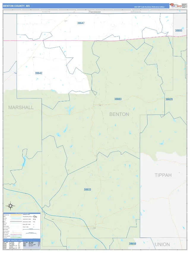 Benton County, MS ZIP Code Wall Map, Business Reference style