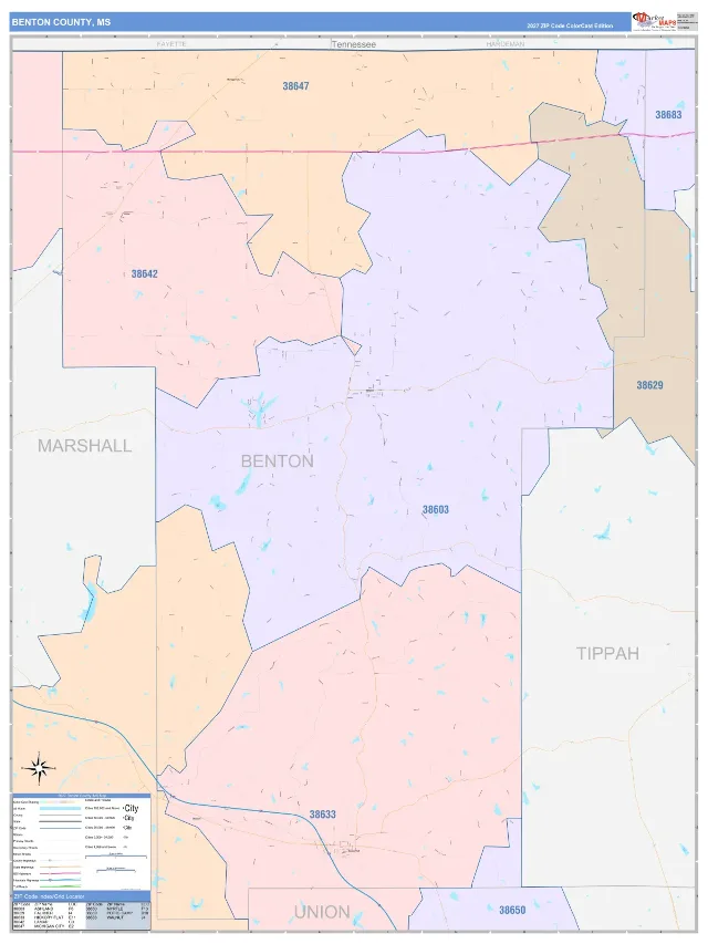 Benton County, MS ZIP Code Wall Map, ColorCast style