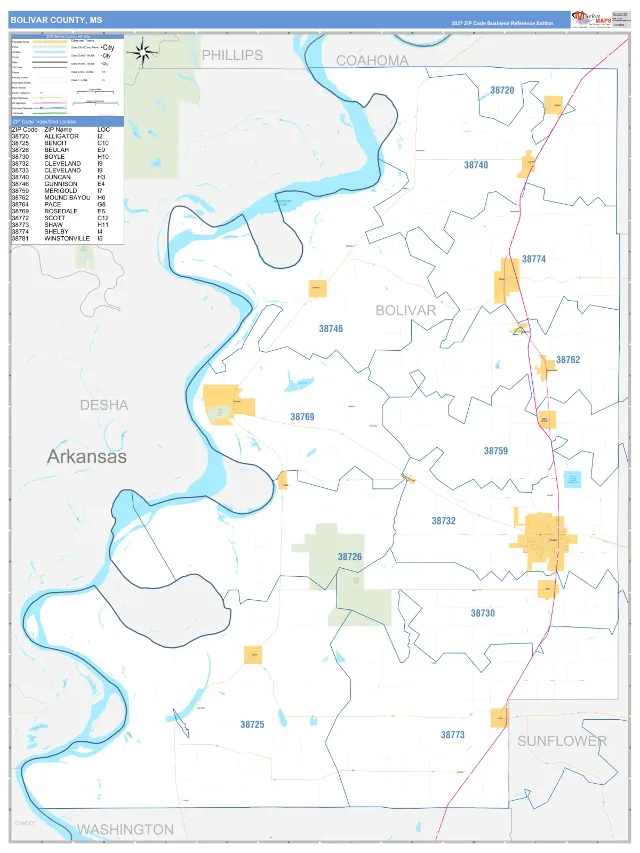 Bolivar County, MS ZIP Code Wall Map, Business Reference style