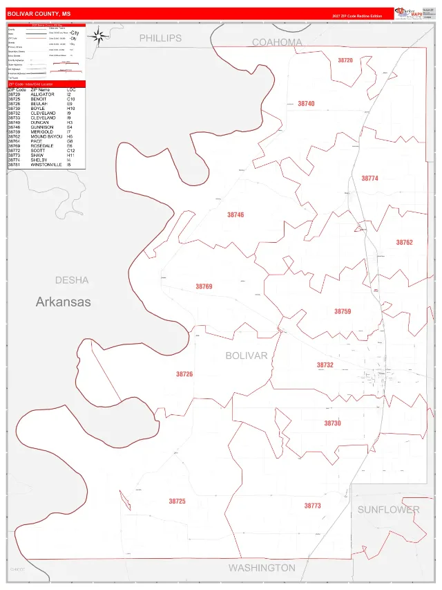 Bolivar County, MS ZIP Code Wall Map, RedLine style
