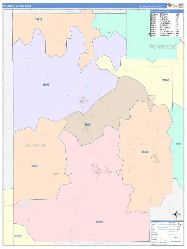 Calhoun County, MS ZIP Code Wall Map, ColorCast style