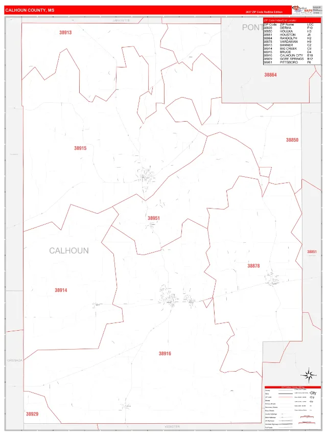 Calhoun County, MS ZIP Code Wall Map, RedLine style