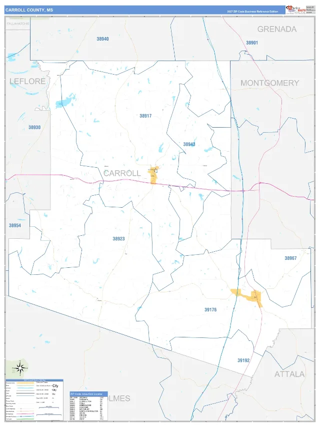 Carroll County, MS ZIP Code Wall Map, Business Reference style