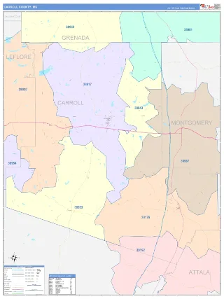 Carroll County, MS ColorCast style ZIP Code wall map