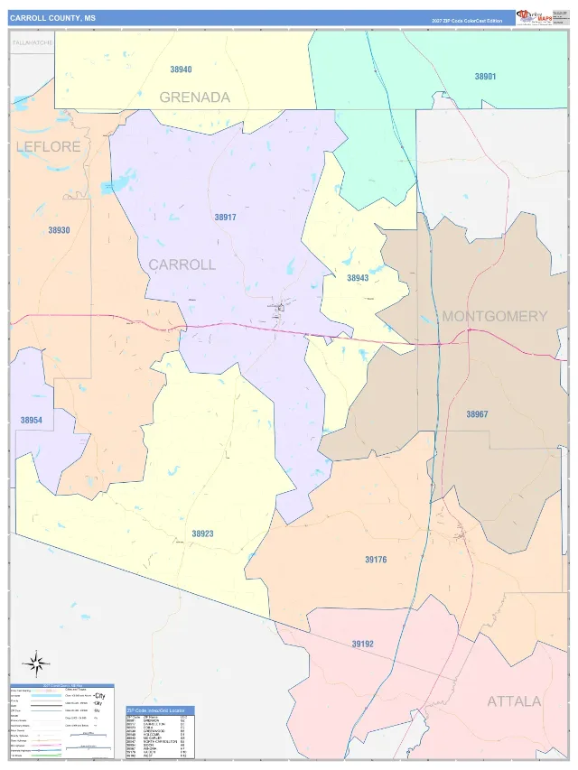 Carroll County, MS ZIP Code Wall Map, ColorCast style