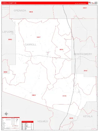 Carroll County, MS RedLine style ZIP Code wall map