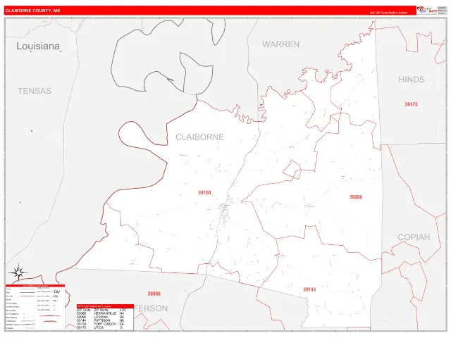 Claiborne County, MS ZIP Code Wall Map, RedLine style
