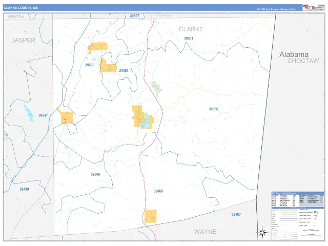 Clarke County, MS ZIP Code Wall Map, Business Reference style