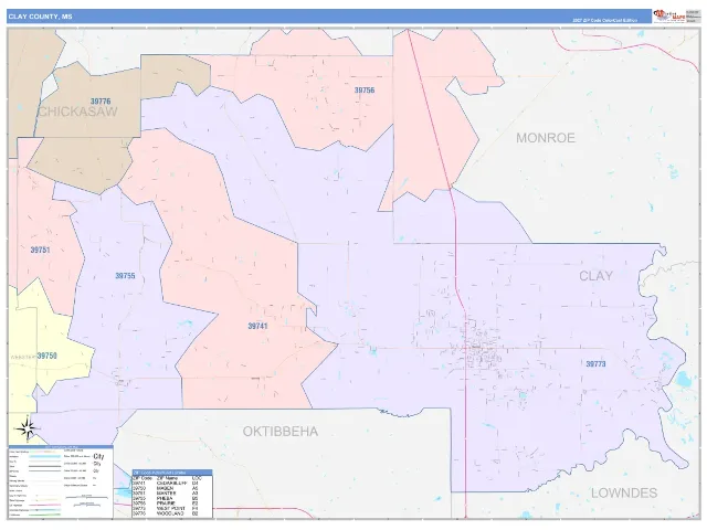 Clay County, MS ZIP Code Wall Map, ColorCast style
