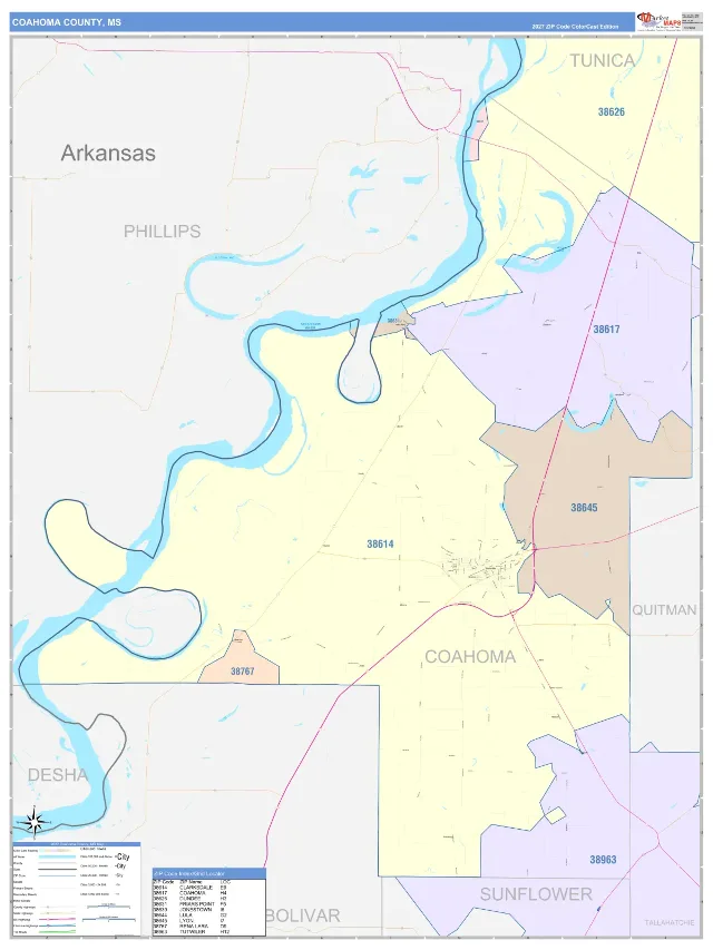 Coahoma County, MS ZIP Code Wall Map, ColorCast style