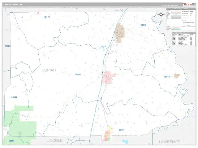 Copiah County, MS ZIP Code Wall Map, Classic style