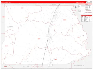 Copiah County, MS RedLine style ZIP Code wall map