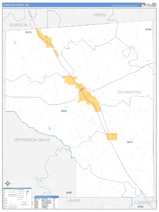 Covington County, MS Business Reference style ZIP Code wall map