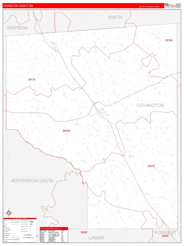 Covington County, MS ZIP Code Wall Map, RedLine style