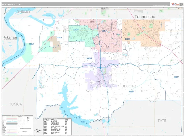 DeSoto County, MS ZIP Code Wall Map, Classic style