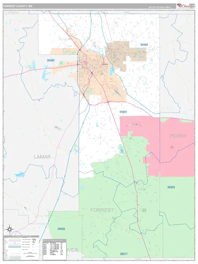 Forrest County, MS ZIP Code Wall Map, Classic style