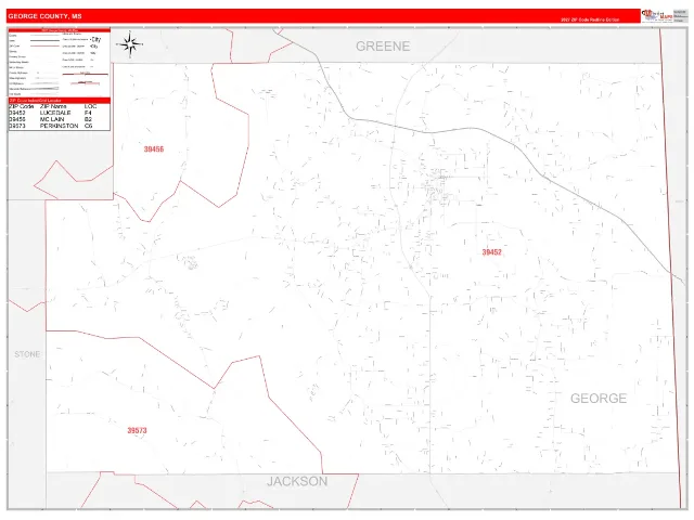 George County, MS ZIP Code Wall Map, RedLine style
