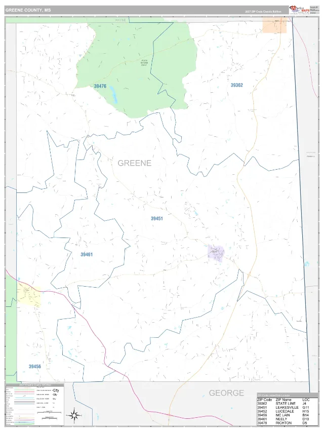 Greene County, MS ZIP Code Wall Map, Classic style