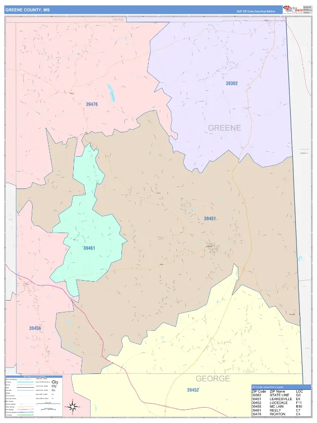 Greene County, MS ZIP Code Wall Map, ColorCast style