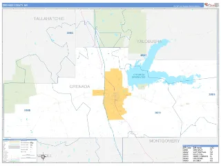 Grenada County, MS Business Reference style ZIP Code wall map