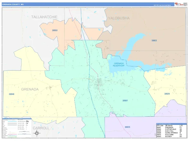 Grenada County, MS ZIP Code Wall Map, ColorCast style