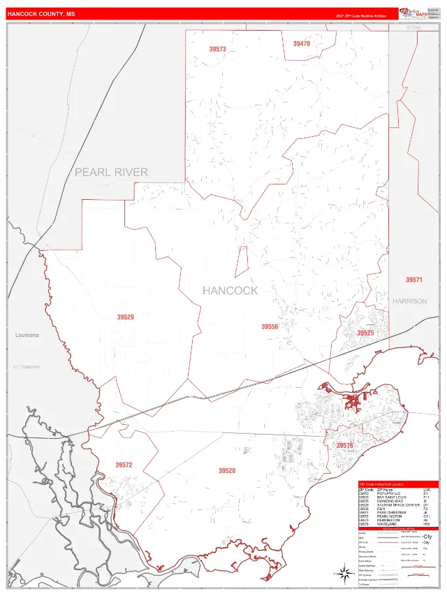 Hancock County, MS ZIP Code Wall Map, RedLine style