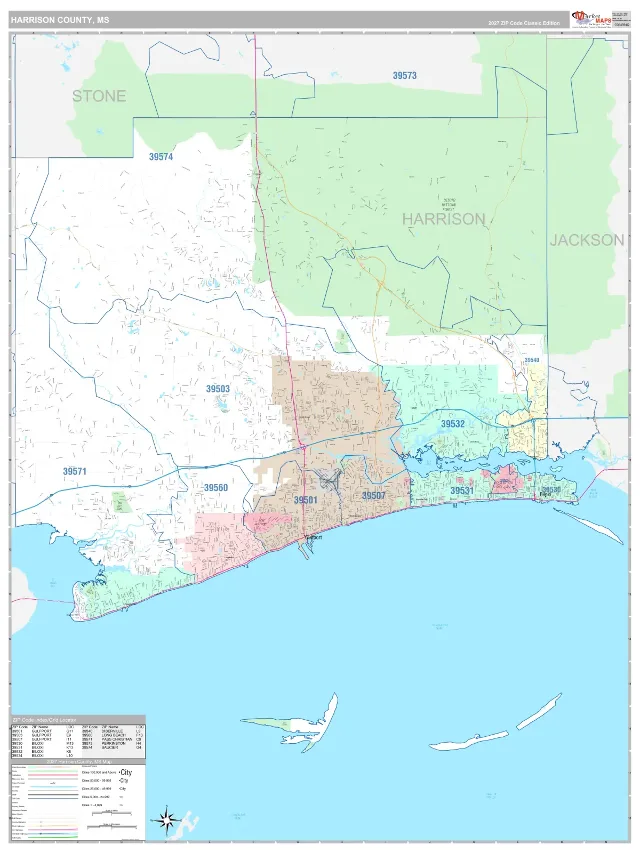 Harrison County, MS ZIP Code Wall Map, Classic style