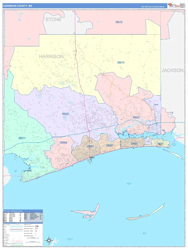 Harrison County, MS ZIP Code Wall Map, ColorCast style