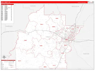 Hinds County, MS RedLine style ZIP Code wall map