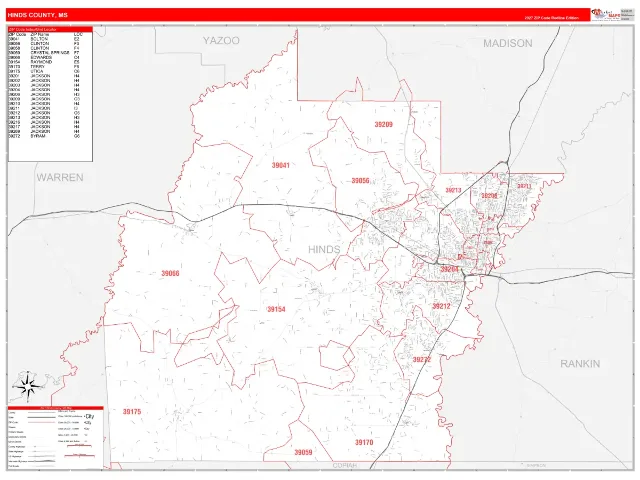 Hinds County, MS ZIP Code Wall Map, RedLine style