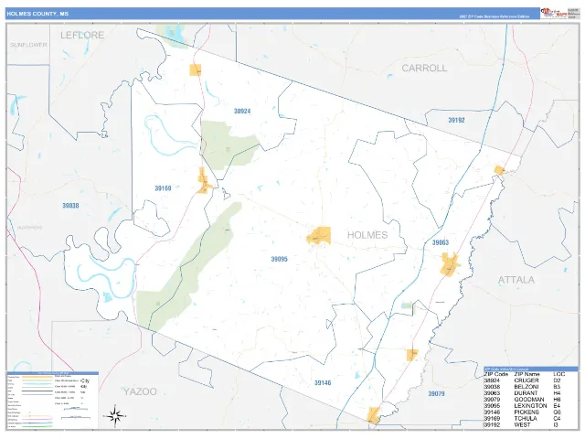 Holmes County, MS ZIP Code Wall Map, Business Reference style