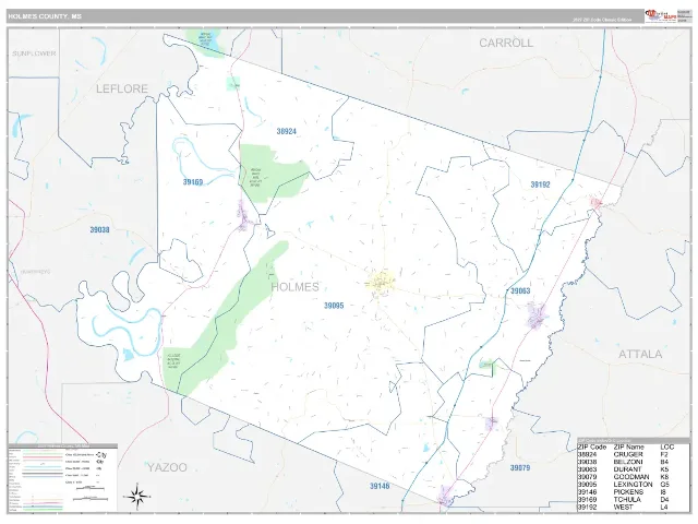Holmes County, MS ZIP Code Wall Map, Classic style
