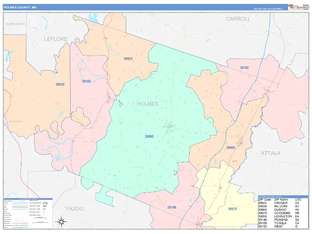 Holmes County, MS ZIP Code Wall Map, ColorCast style