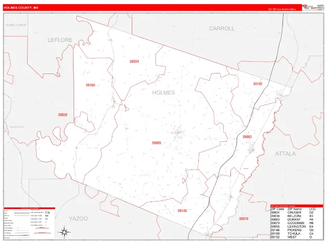 Holmes County, MS ZIP Code Wall Map, RedLine style