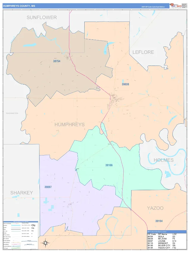 Humphreys County, MS ZIP Code Wall Map, ColorCast style
