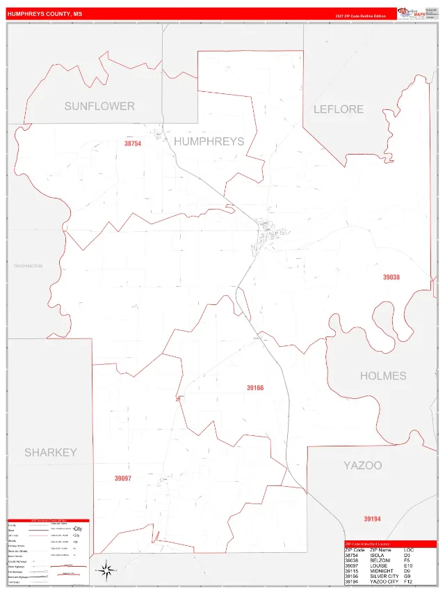 Humphreys County, MS ZIP Code Wall Map, RedLine style