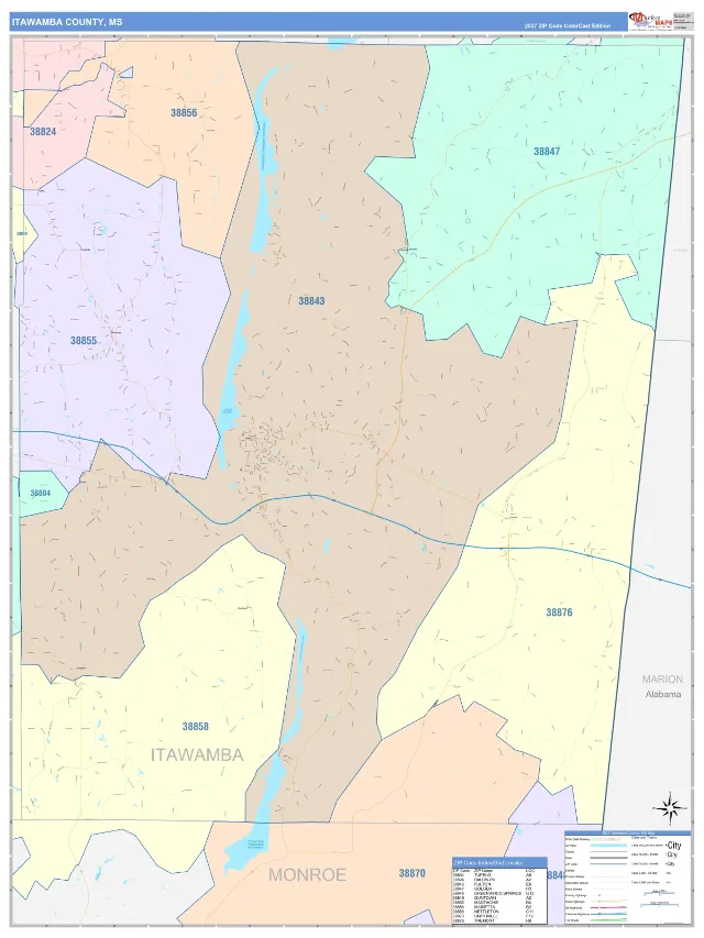 Itawamba County, MS ZIP Code Wall Map, ColorCast style
