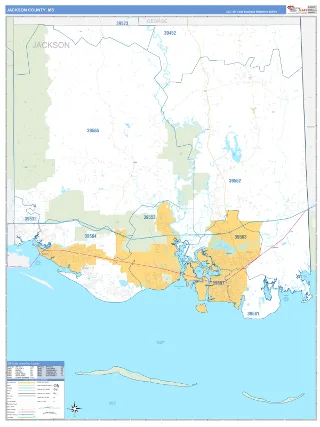 Jackson County, MS Business Reference style ZIP Code wall map